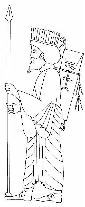 Zackenkrone (Persepolis)T20A1.jpg - Diese Darstellung in Persepolis zeigt die andere Seite des Schreitgewandes, so dass hier insbesondere der Köcherverschluss sichtbar wird. Da als einzige Abwandlung zu den 'Susianergarden' eine Zackenkrone auftritt, dürften die verschiedenen Kopfbedeckungen auf bestimmte Funktionen hinweisen.